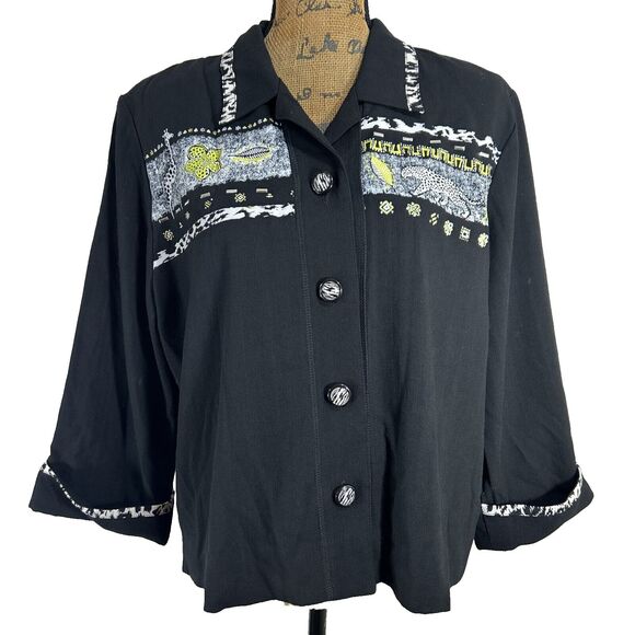 City Girl Jacket LARGE Black Cheetah Print Button 3/4 Sl USA Made Metal UNIQUE - Picture 1 of 7